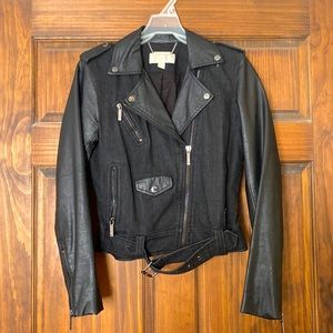MICHAEL by Michael Kors Mixed Media Leather Denim Biker Jacket